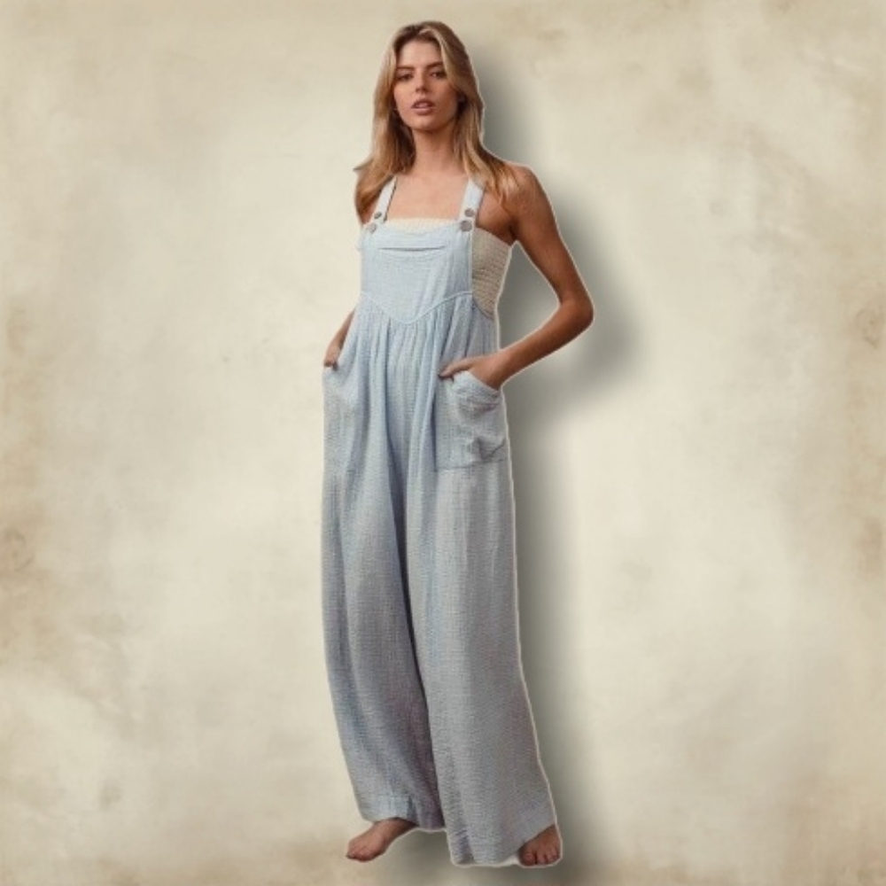BiBi Washed Crinkle Gauze Wide Leg Overalls
